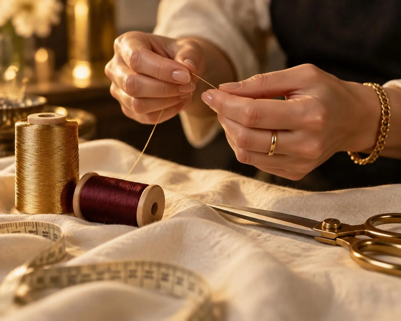 Mains enfilant une aiguille de fil doré, bobines de fil, mètre ruban et ciseaux de couture